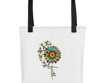 Borsa tote con fede cristiana: design con girasoli e farfalle