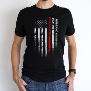 Husband Gift, Husband Father Firefighter Hero American Flag Father&#39;s Day T-Shirt, Gift for Dad, Firefighter Shirt for Men