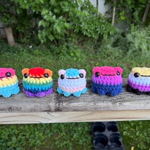 Pode incluir: Cinco pequenas peluches de sapo em croché, redondas, dispostas em fila. Cada sapo apresenta um padrão de cores único: orgulho pansexual, arco-íris, orgulho transgénero, orgulho bissexual e cores de orgulho não binário. Têm olhos pretos.