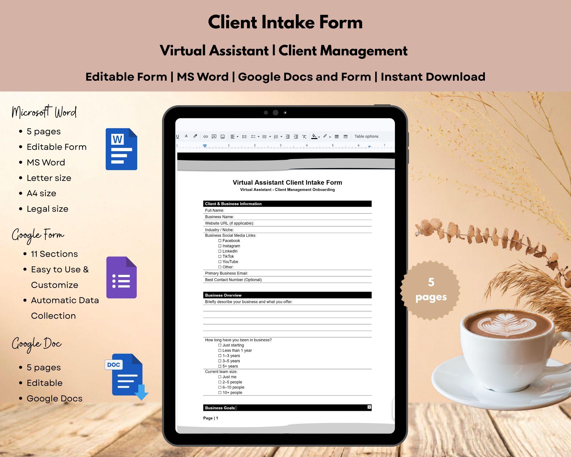 Free Virtual Assistant Intake Template.pdf Virtual Assistant Client Intake Form Template, Editable VA Client ...