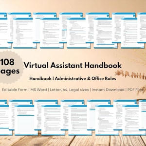 May include: A collection of documents titled "Virtual Assistant Handbook" with 108 pages. The documents have a blue border and are arranged on a wooden surface. Text includes "Handbook | Administrative & Office Roles".
