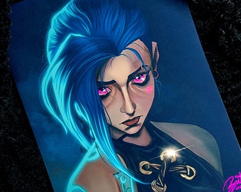 May include: A digital illustration of a woman with blue hair and pink highlights. She is wearing a dark top with a silver and gold design. The background is a dark blue.
