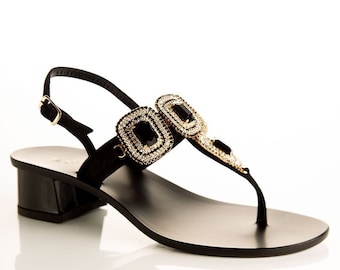 Step into Elegance with Diamante Nero Sandals | Black Base & Swarovski Stones | 4 cm Heel | Tuscan Leather Insole