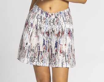 Lilla' Shorts - White Blue and Red Print, Slim Fit, Linen, Front Pleat, Side Pockets