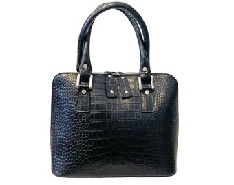 The Bugatti Mock Cocco Leather Bag Black - Made in Italy, Lightweight Design, Double Zip Opening, Crocodile Embossed Calf Leather