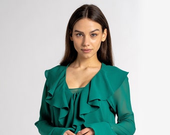 Allegra Green Ruffle Blouse | Long Sleeve Viscose Top with Buffed Cuffs and Waterfall Frill | Sustainable Clothing | Made in Italy