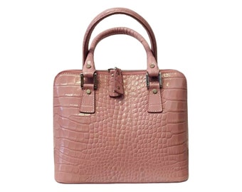 Bugatti Mock Cocco Leather Soft Pink Handbag - Made in Italy, Lightweight with Double Zips Wide Opening, 2 Round Handles, Internal Pocket