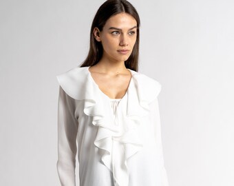 Allegra: White Ruffle Blouse | Long Sleeve Ruffle Tops |Buffed Cuffs | Designer Ruffle Top | Made in Italy |Ethical Clothing