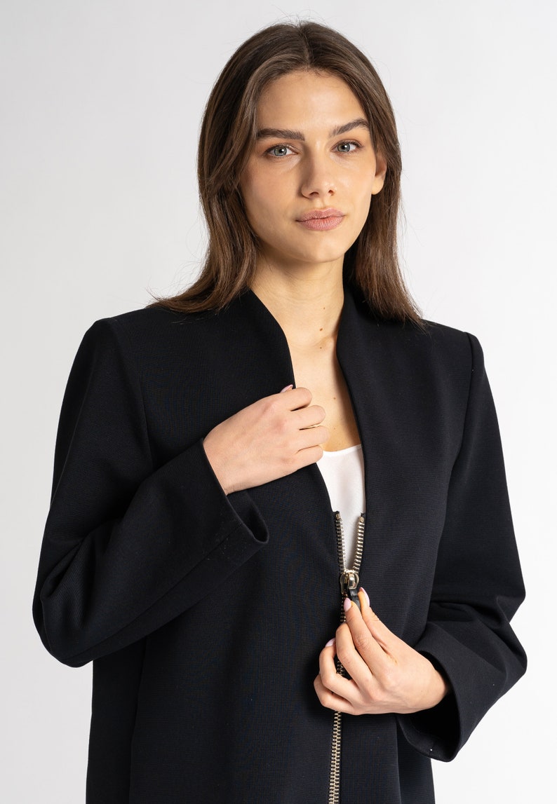 Nina Jacket: Long Blazer Designer Jacket in 100% Natural Wool Fabric Gold Zipper Made in Italy Black Long Blazer Jacket image 5
