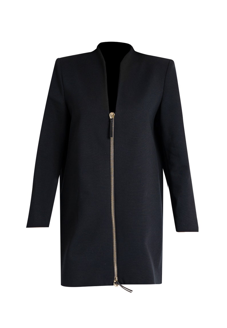 Nina Jacket: Long Blazer Designer Jacket in 100% Natural Wool Fabric Gold Zipper Made in Italy Black Long Blazer Jacket image 2