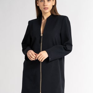 Nina Jacket: Long Blazer Designer Jacket in 100% Natural Wool Fabric Gold Zipper Made in Italy Black Long Blazer Jacket image 3