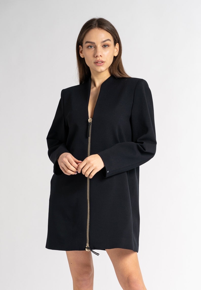 Nina Jacket: Long Blazer Designer Jacket in 100% Natural Wool Fabric Gold Zipper Made in Italy Black Long Blazer Jacket image 3
