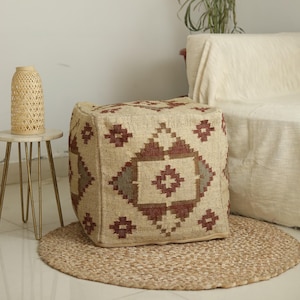 Kilim Vintage Ottoman Pouf Cover | Kilim Jute Wool Footstool Pouffe Case | Authentic Hand Woven Home Decor Kelim Pillow Cover