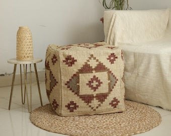 Handwoven Kilim Pouf Cover: Jute Wool Footstool, Rustic Home Decor
