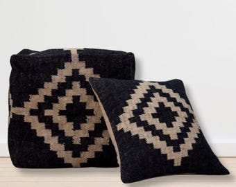 Handwoven Kilim Pouf Cover: Jute Wool Ottoman, Rustic Vintage Style