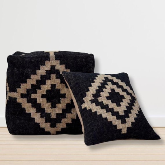 Handwoven Kilim Pouf Cover: Jute Wool Ottoman, Rustic Vintage Style