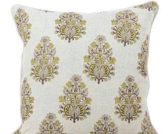 Linen Block Print Pillow Cover 18x18 | Rustic Bohemian Decor