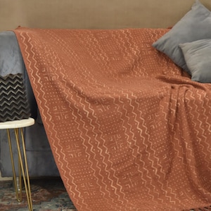African Style Rust Hand Block Print Throw Mudcloth Fringes Blanket for Beach & Sofa Decor Handloomed Throw Blanket