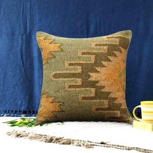 Handmade Kilim Pillow Cover | 18x18 Inches Kilim Rug Pillow Case | Decorative Kilim Pillow Cover For Sofa Decor | Wool Jute Pillow case