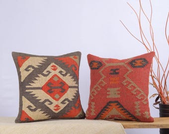Set of 2 Handwoven Kilim Pillow Covers: Rustic Boho Jute Wool (18x18 Inches)