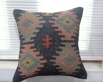 Vintage Kilim Pillow Cover | Handwoven Aztec Throw Cushion Cover | Thick Rug Jute Wool Pillow Shams | Bohemian Home Decor Pillow Cover