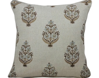 Indian Block Print Linen Pillow Cover | Vintage Style | Handmade 18x18 Throw Pillow Cover