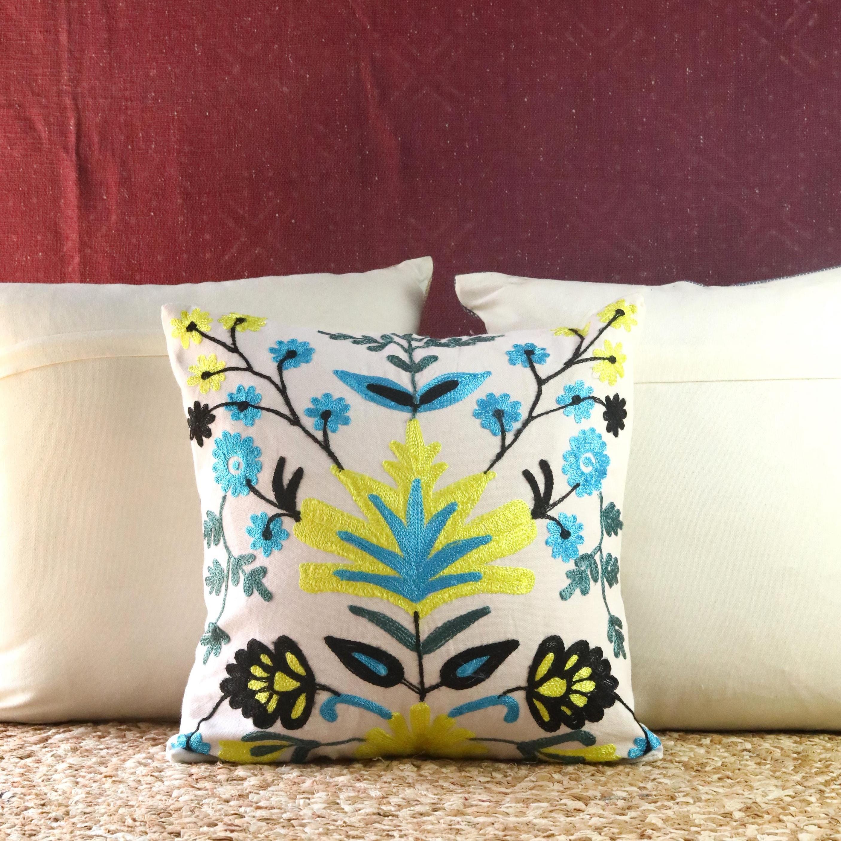 手作りのマルチカラークッションカバー / 18x18インチ正方形 / 手刺繍