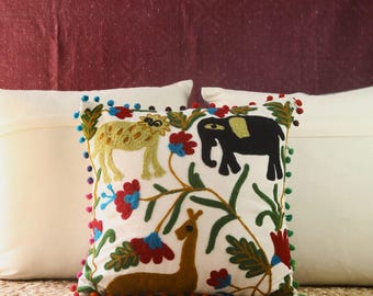 Hand-Embroidered Suzani Cushion Cover: Floral Cotton Pillow (18x18 Inches)