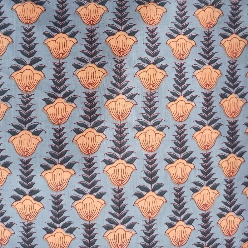 May include: A repeating pattern of stylized flowers and leaves on a light blue background. The flowers are peach-colored with red outlines, and the leaves are dark gray. The design is symmetrical and creates a floral textile pattern.