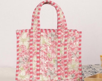 Quilted Cotton Lunch Box Bag: Hand Block Printed Floral Design