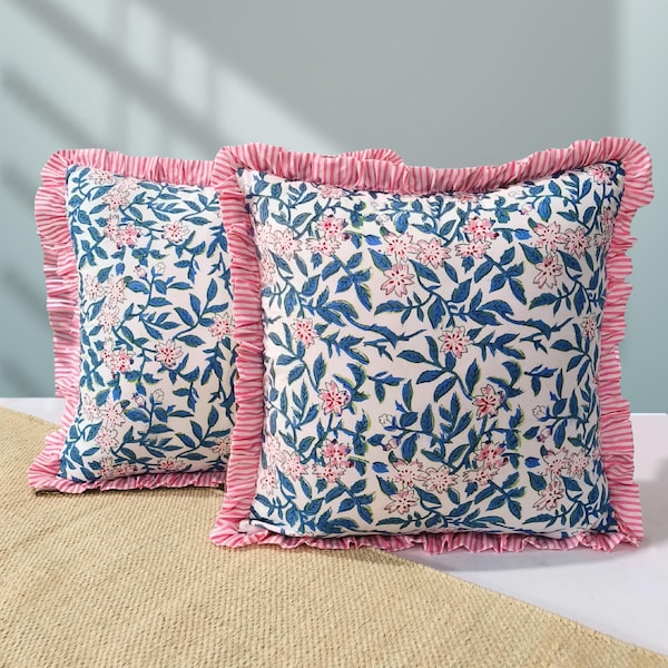 Set of 2 Floral Block Print Cotton Cushion Covers with Frills