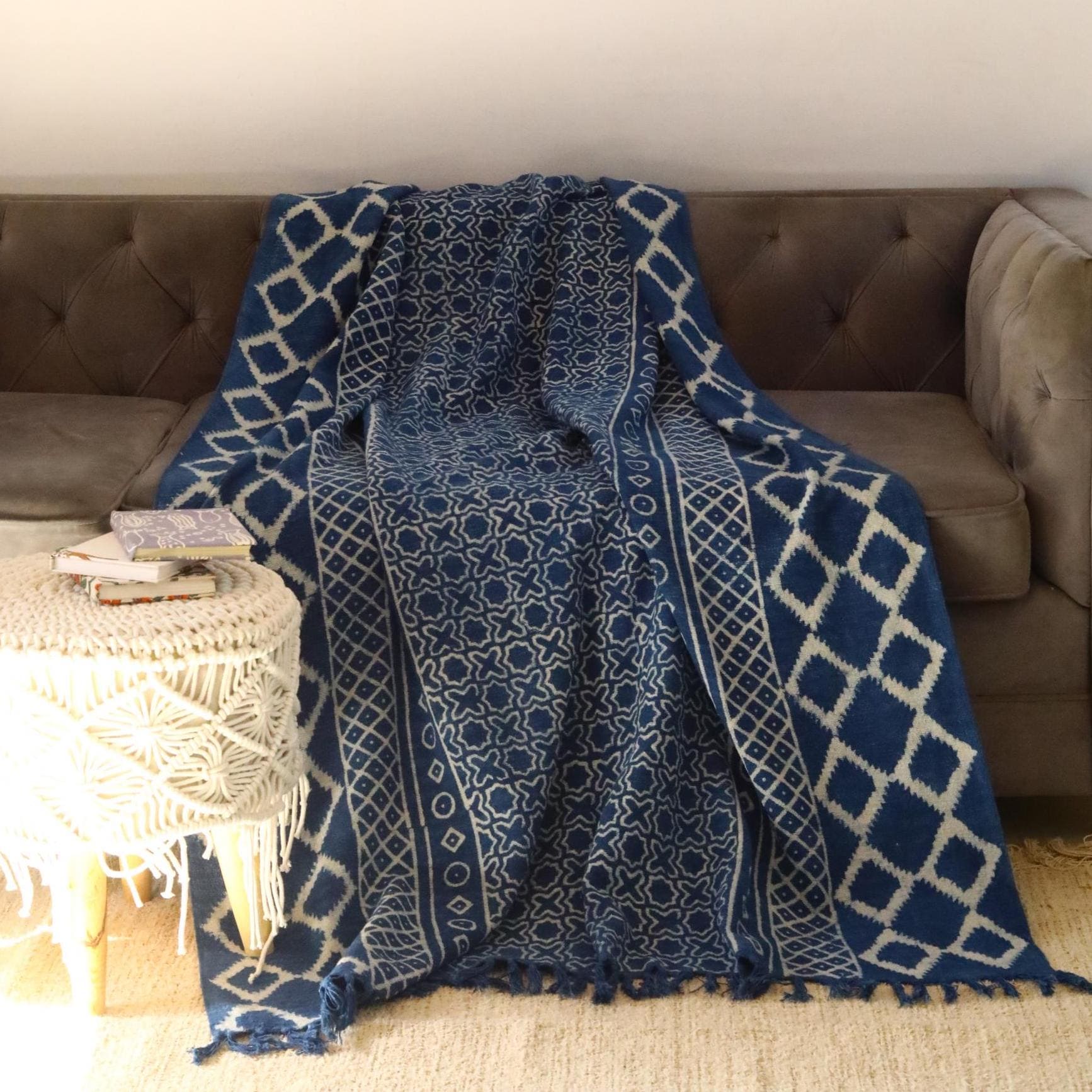 Vintage katoenen deken, rajasthani katoenen deken, blokgedrukt als sprei, 120 x 170 cm grote plaid, boerderijdecor