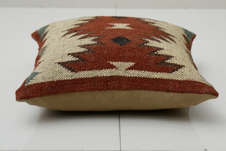 Kilim Pillow Cover Escape|Handwoven Tribal Rug Cushion Cover|Jute Wool Throw Pillow Shams|Boho Aztec Cushion|Canvas Backing with Zipper