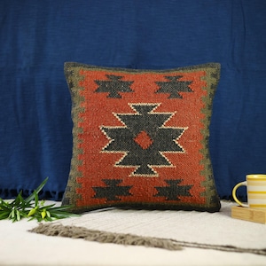 Handwoven Kilim Pillow Cover: Aztec Jute Wool Cushion, 18x18 Boho Decor