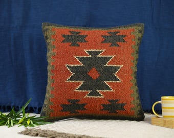 Handwoven Kilim Pillow Cover: Aztec Jute Wool Cushion, 18x18 Boho Decor