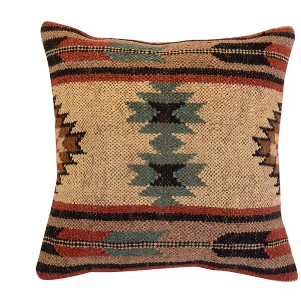 Vintage Kilim Pillow Cover | Handwoven Jute Wool Rug Cushion Cover | Rustic Farm House Decor 18x18 Inches Canvas Backing Pillow Cover