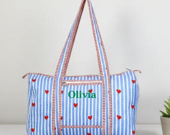 Sac de voyage personnalisé en coton matelassé fait main : sac de voyage imprimé bloc