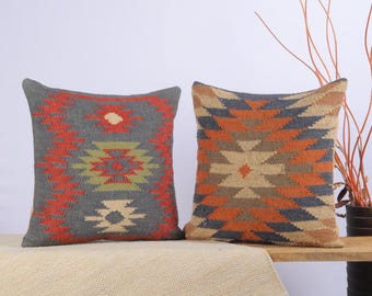 Set of 2 Handwoven Kilim Pillow Covers: Wool Jute, Rustic Boho (18x18 Inches)
