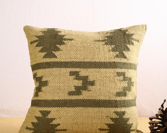 Handwoven Kilim Pillow Cover: Jute Wool Blend, Boho Rustic Decor (18x18 Inches)