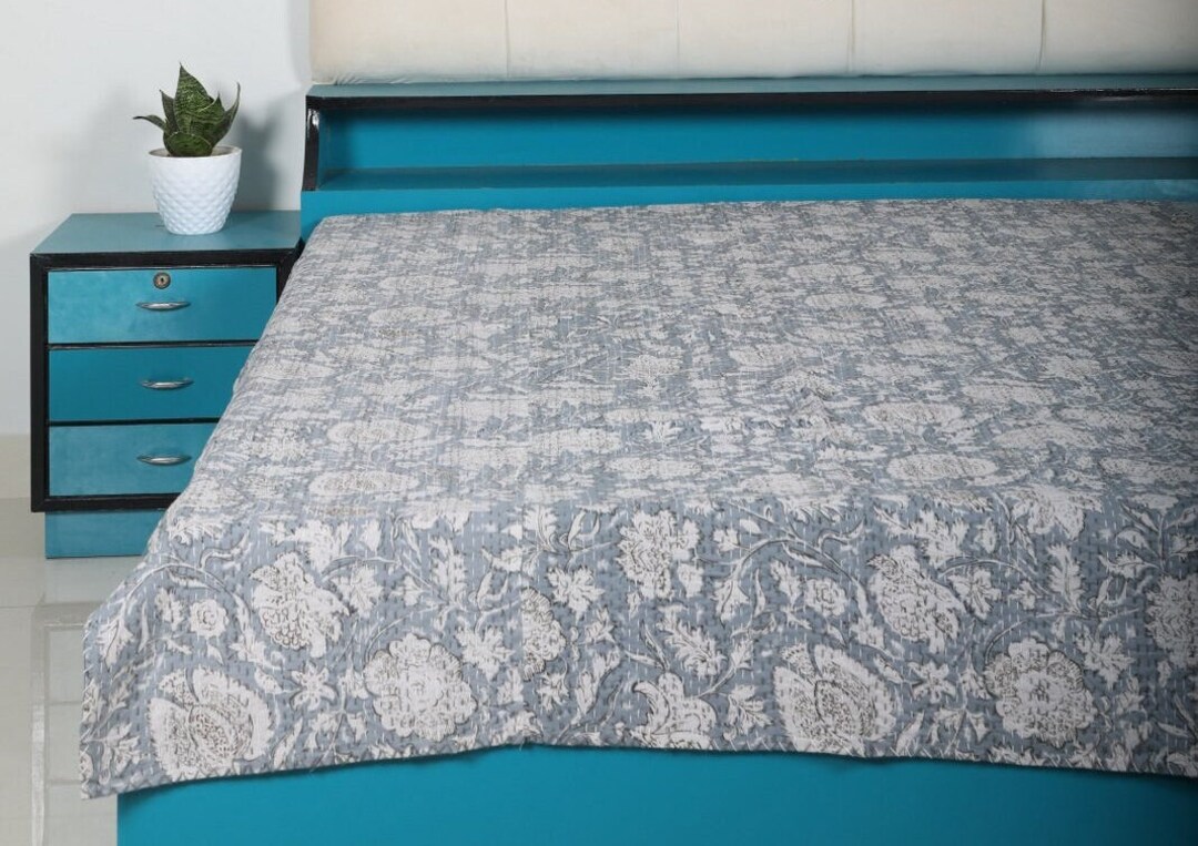 Classy Grey Kantha Quilt Handmade Chair Cotton Throw Kantha Etsy