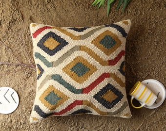Handwoven Kilim Pillow Cover: Jute Wool Aztec Cushion (18x18 Inches)