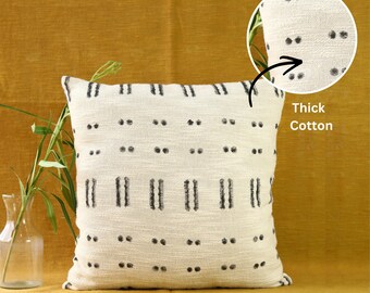 Thick Cotton Handloomed Ivory Pillow Cover: Geometric Block Print Cushion