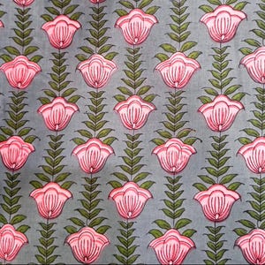 May include: A fabric with a repeating floral pattern. The design features pink flowers with green stems and leaves against a gray background. The flowers are stylized with detailed petals.