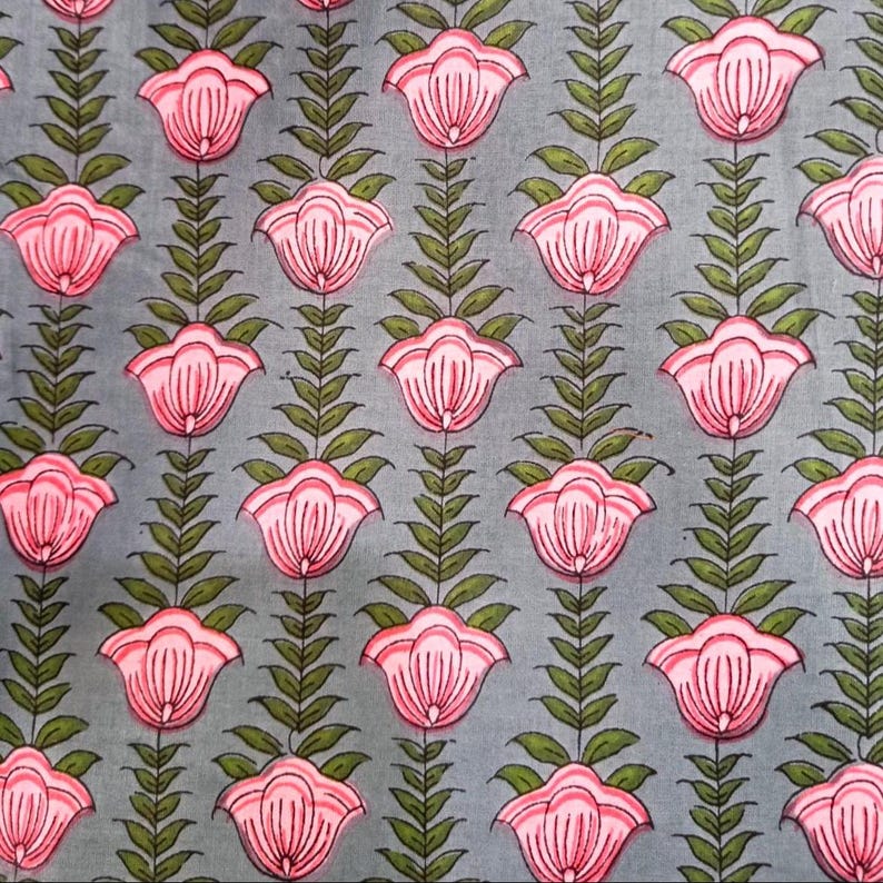 May include: A fabric with a repeating floral pattern. The design features pink flowers with green stems and leaves against a gray background. The flowers are stylized with detailed petals.