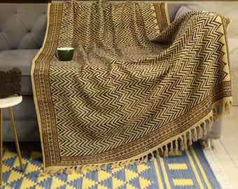 Authentiek katoenen plaid met handblokprint Decoratief plaid Voor sofabankinrichting Mooie deken met bloemdessin