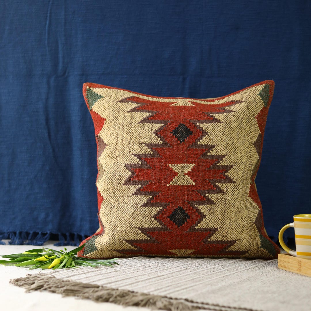 Handwoven Kilim Pillow Cover: Jute Wool Tribal Cushion, 18x18 Boho ...