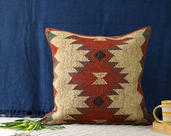Handwoven Kilim Pillow Cover: Jute Wool Tribal Cushion, 18x18 Boho Throw Pillow