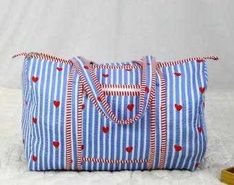 Sac de voyage en coton matelassé fait main : sac de voyage imprimé bloc