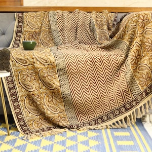New Bohemian Throw Blanket Couch Soft Cotton Throws Blankets,Hand Block Printed Bed Decor Cotton Fringed Blanket Gift for her Golden Shades