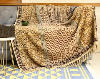 Hand Block Printed Cotton Throw Blanket: Bohemian Fringed Bed Decor